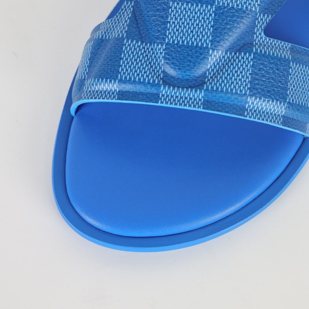 L***V Cobalt Blue Damier Embossed Leather H-Strap Multi-Band Oasis Flat Slide Sandals — Spring Summer Boutique Limited Edition