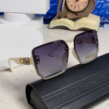 D**R Oversized Square Sunglasses | Cream White Frame, Gold CD Logo Temple & Purple-Grey Gradient Lenses