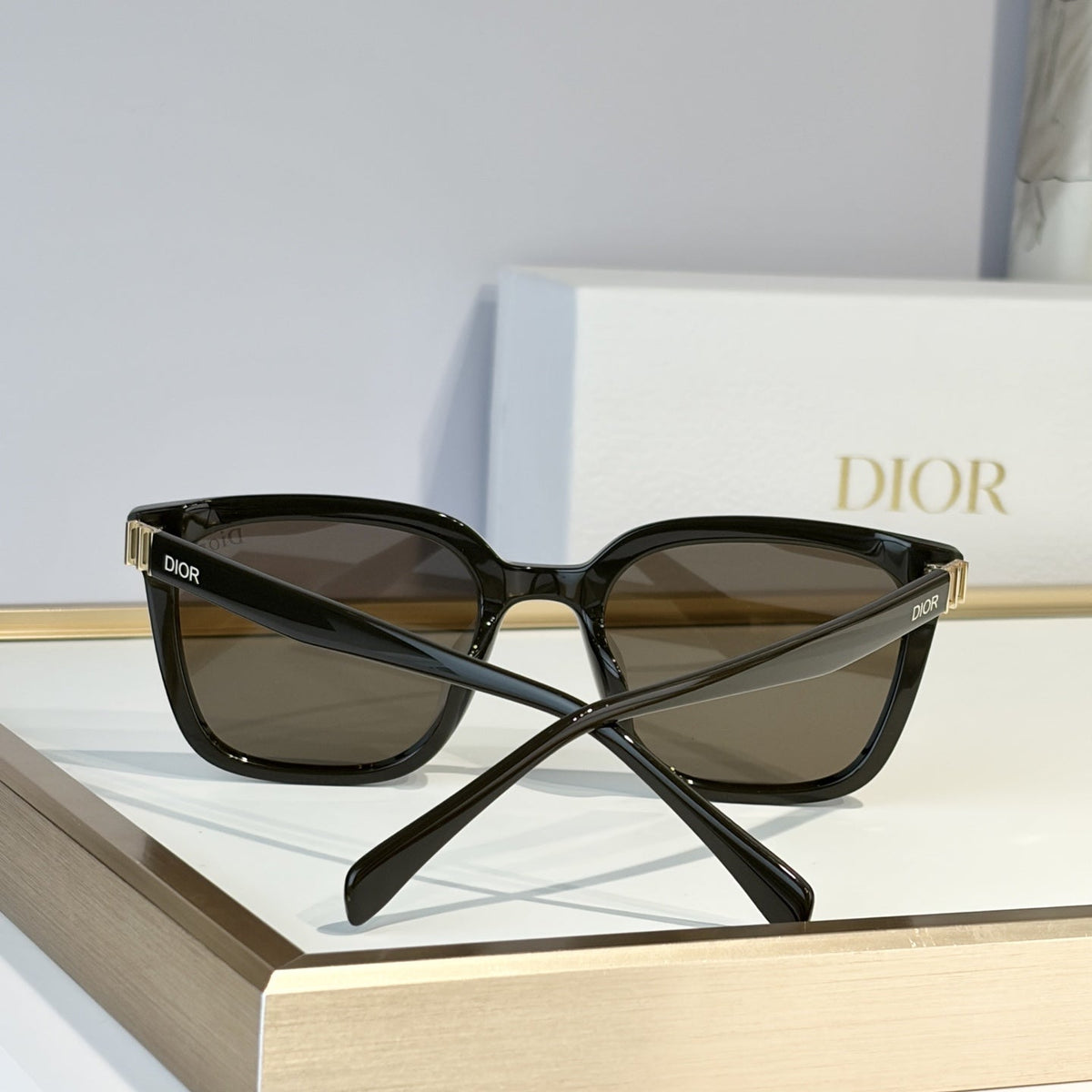 D**R Oversized Square Cat-Eye Sunglasses | Two-Layer Acetate Frame, Triple-Bar Metal Hinge, DIOR Temple Lettering | 4 Colors incl. Black-Blue & Black-Grey