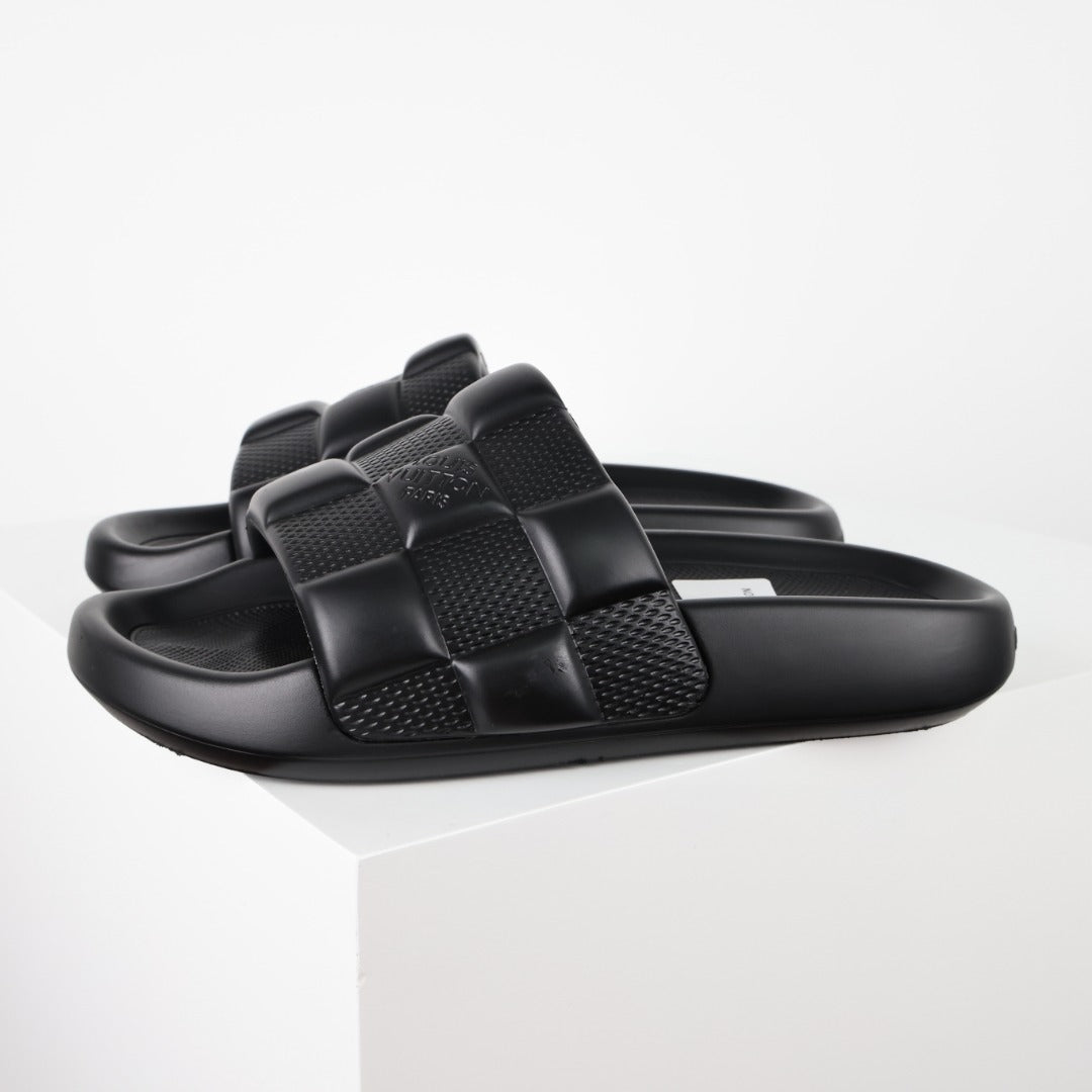 L***V Double Strap Slide Sandals — Embossed Waterproof Rubber Pool Beach Slippers (4 Colors)