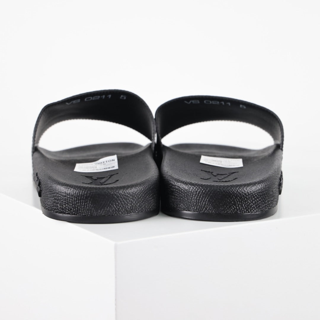 L***V Black White Gradient Oversized Monogram Waterfront Wide Strap Slide Sandals — Spring Summer Boutique Limited Edition