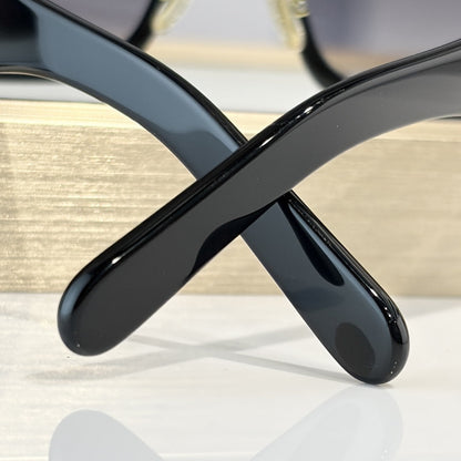 D**R Slim Rectangular Sunglasses | Black Acetate Frame, Grey Gradient Lenses & Gold Logo Temple