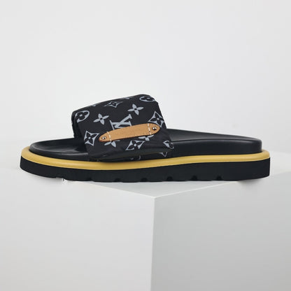 L***V All-Black Monogram Canvas Gold Bar Platform Slide Sandals — 2024 Spring Summer Boutique Limited Edition