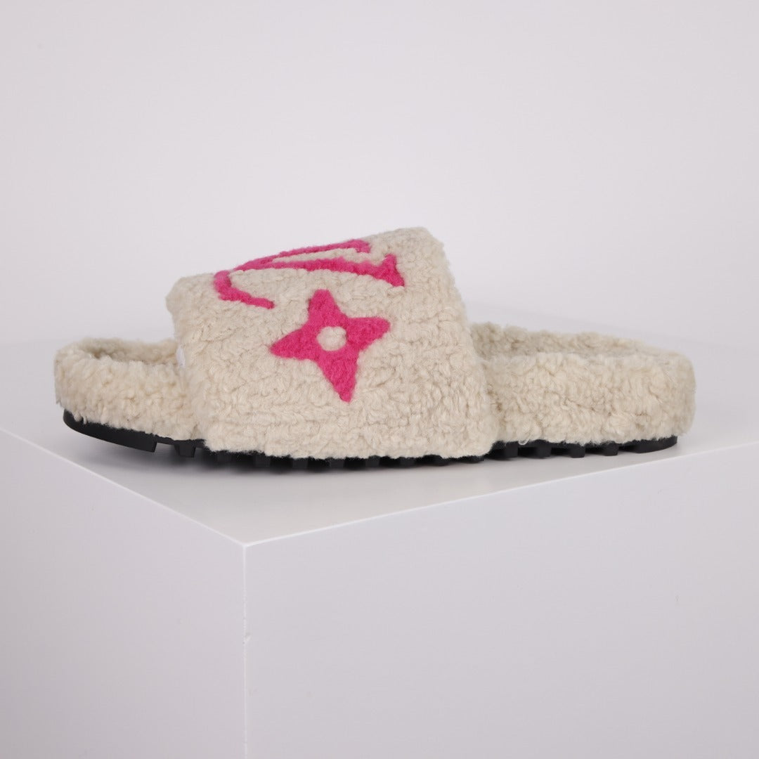 L***V Cream White Hot Pink Monogram Shearling Lambswool Single Strap Slide Sandals — Autumn Winter Boutique Limited Edition