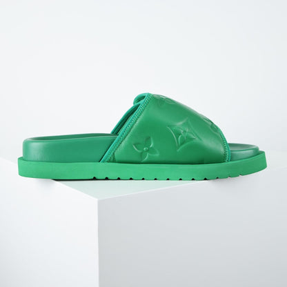 L***V Grass Green Inflated Pillow Leather Velcro Adjustable Wide Strap Miami Slide Sandals — Spring Summer Boutique Limited Edition