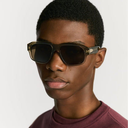 D**R Bold Square Acetate Sunglasses | Oval CD Metal Inlay, Two-Rivet Grooved Temple, White Acetate Tip | Black & Olive Green