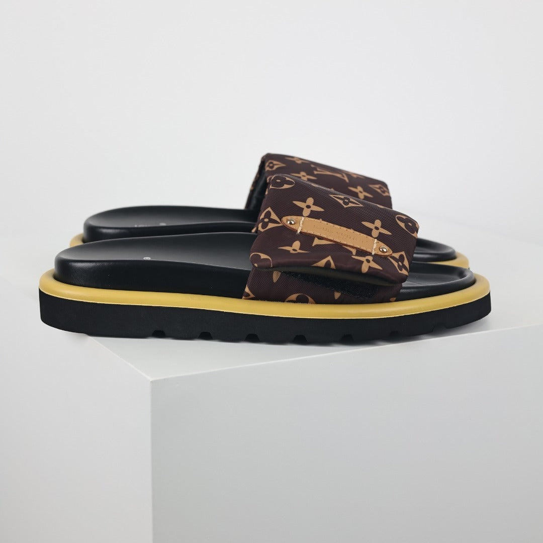 L***V Brown Classic Monogram Canvas Gold Safety Pin Platform Slide Sandals — 2024 Spring Summer Boutique Limited Edition