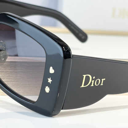 D**R Slim Rectangular Sunglasses | Black Acetate Frame, Grey Gradient Lenses & Gold Logo Temple