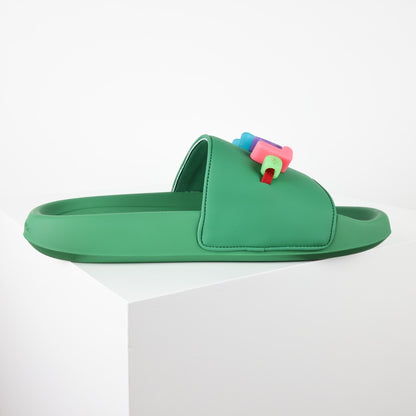 L***V Rubber Pool Slide Sandals — SS23 Limited Edition 3D Logo Charm Slip-On Beach Slippers (Emerald Green)