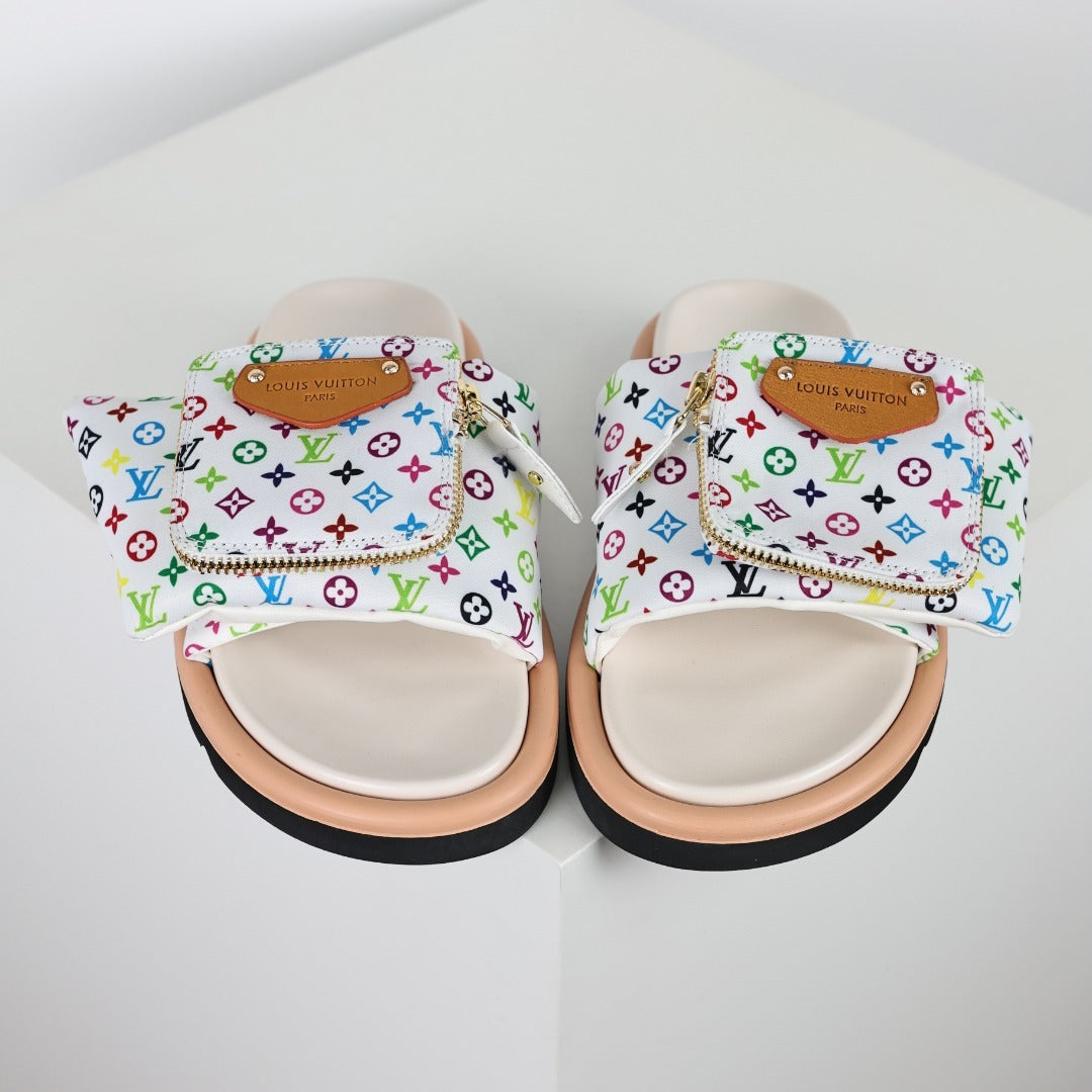 L***V White Multicolor Monogram Gold Zipper Bow Wide Strap Pool Pillow Slide Sandals — Spring Summer Boutique Limited Edition