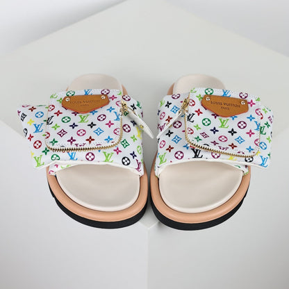 L***V White Multicolor Monogram Gold Zipper Bow Wide Strap Pool Pillow Slide Sandals — Spring Summer Boutique Limited Edition