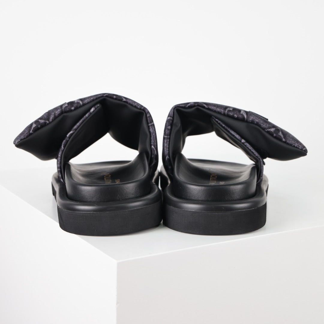 L***V Monogram Embossed Velcro Strap Slide Sandals — All-Black Wide Band Pool Beach Slippers (8 Colors)