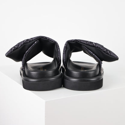 L***V Monogram Embossed Velcro Strap Slide Sandals — All-Black Wide Band Pool Beach Slippers (8 Colors)