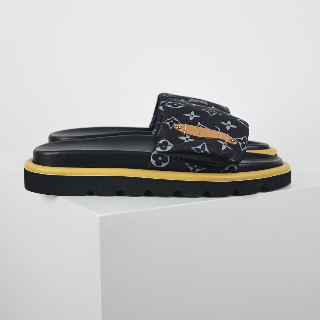 L***V All-Black Monogram Canvas Gold Bar Platform Slide Sandals — 2024 Spring Summer Boutique Limited Edition
