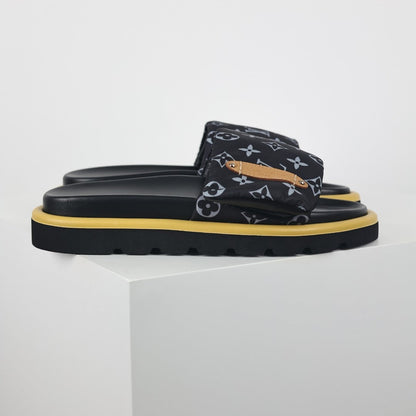L***V All-Black Monogram Canvas Gold Bar Platform Slide Sandals — 2024 Spring Summer Boutique Limited Edition