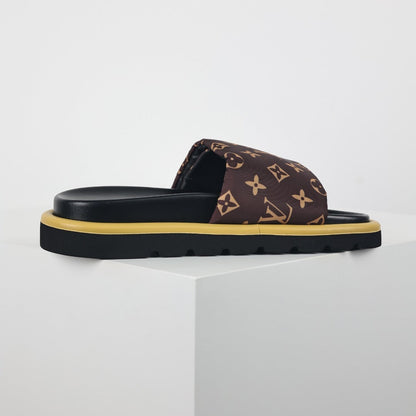 L***V Brown Classic Monogram Canvas Gold Safety Pin Platform Slide Sandals — 2024 Spring Summer Boutique Limited Edition