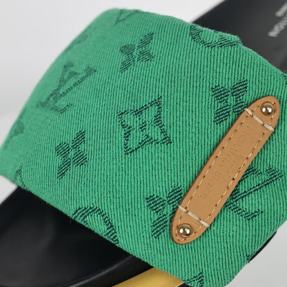 L***V Emerald Green Monogram Canvas Gold Bar Platform Slide Sandals — 2024 Spring Summer Boutique Limited Edition