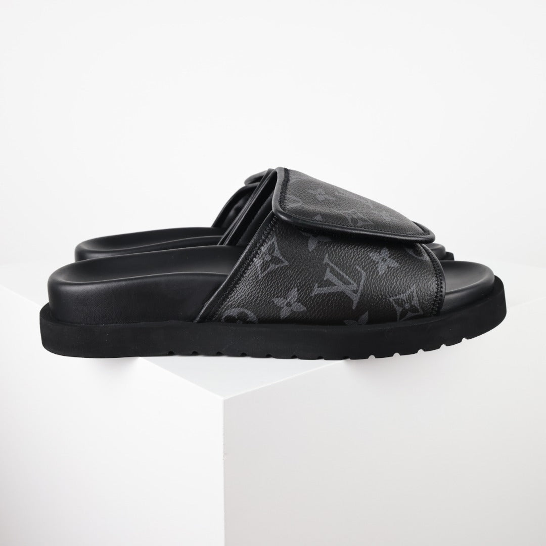 L***V Monogram Eclipse All-Black Velcro Adjustable Wide Strap Miami Slide Sandals — Spring Summer Boutique Limited Edition