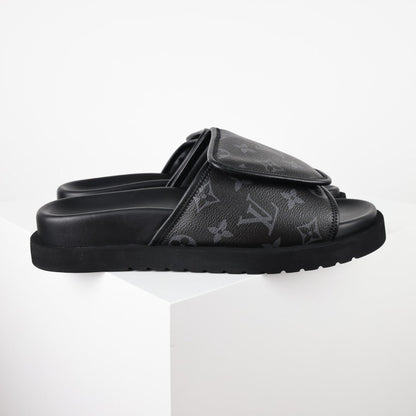 L***V Monogram Eclipse All-Black Velcro Adjustable Wide Strap Miami Slide Sandals — Spring Summer Boutique Limited Edition