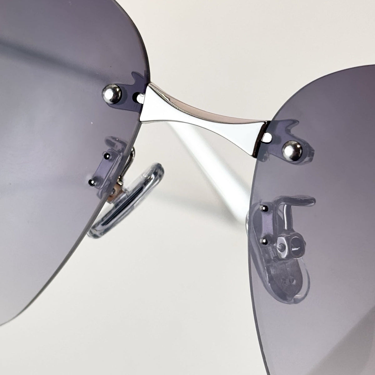 D**R Rimless Square Sunglasses | Silver Metal Temples, 3D Black Floral Detail & Grey Gradient Lenses