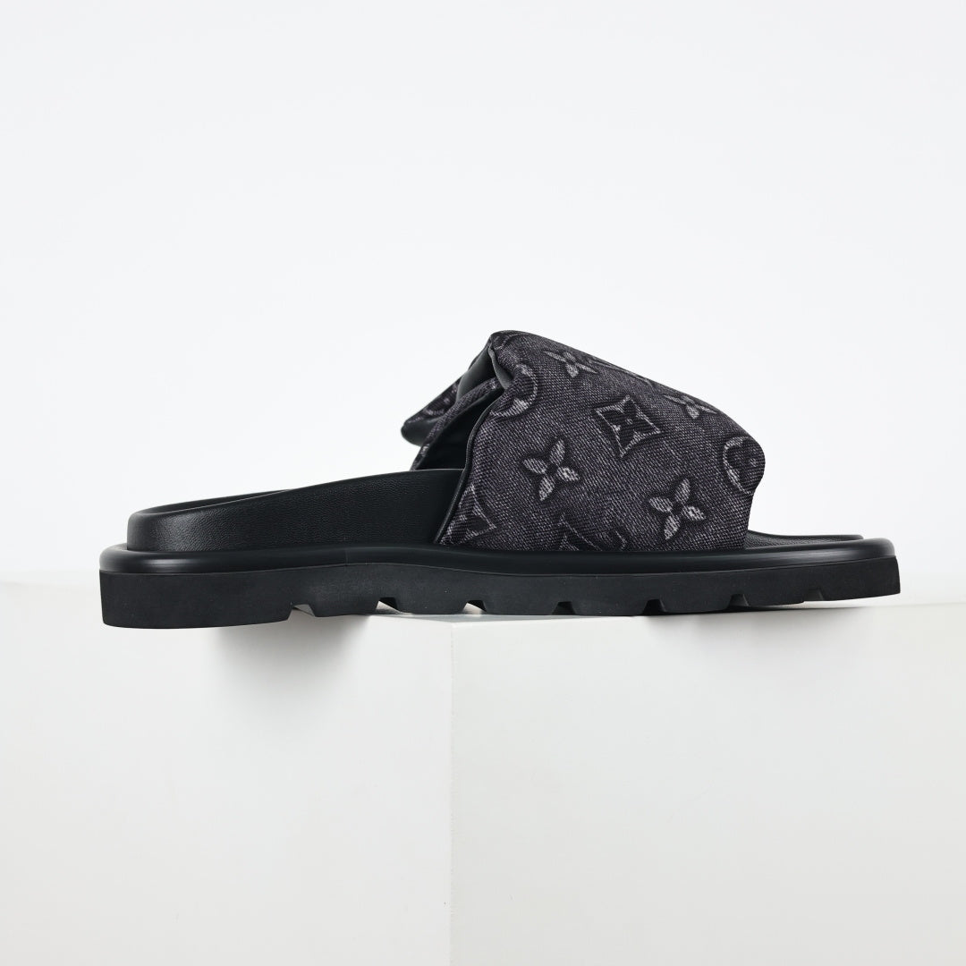 L***V All-Black Embossed Monogram Leather Wide Strap Platform Slide Sandals — Spring Summer Boutique Limited Edition