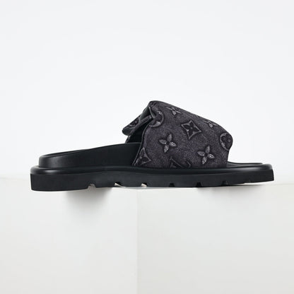 L***V All-Black Embossed Monogram Leather Wide Strap Platform Slide Sandals — Spring Summer Boutique Limited Edition