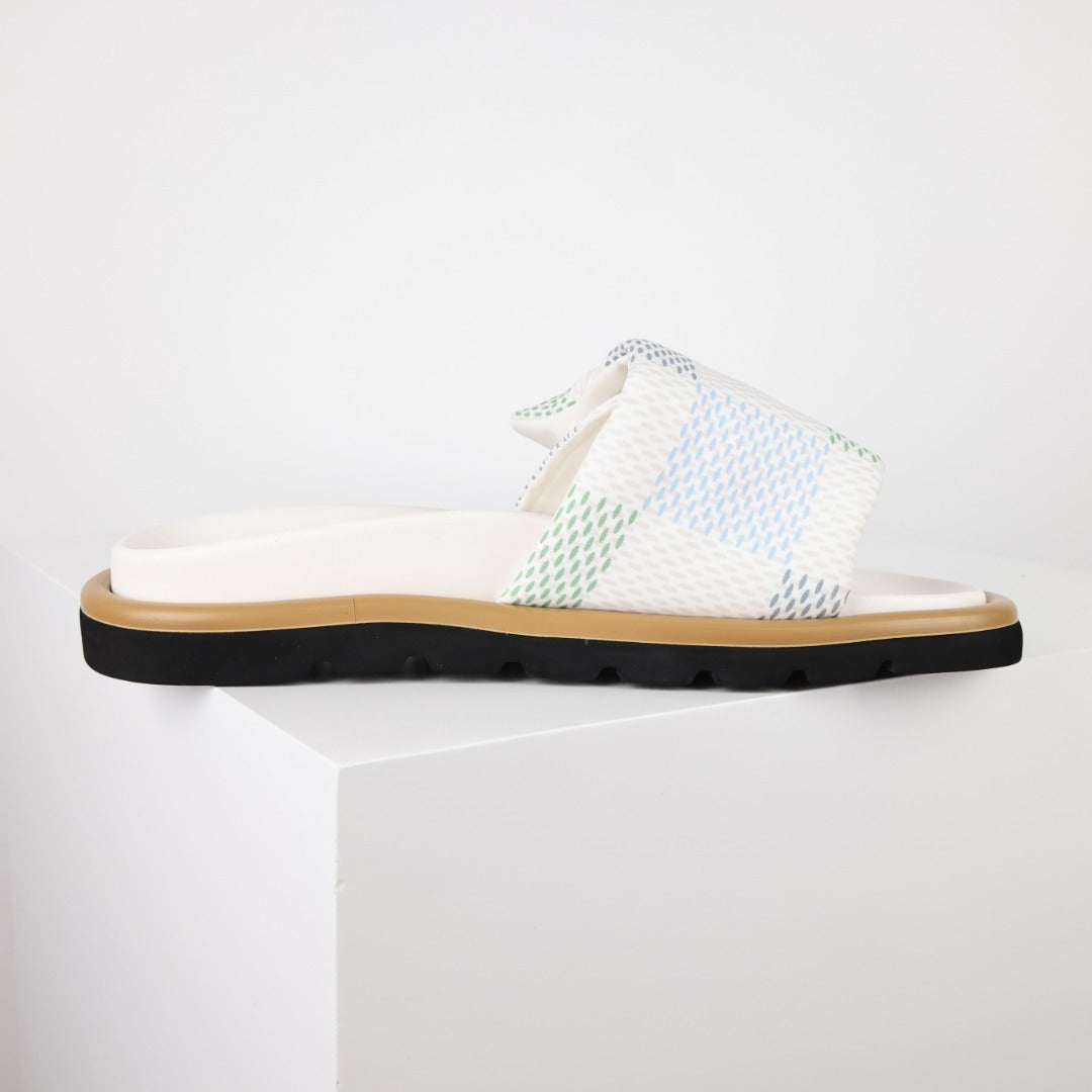 L***V White Mesh Woven Gold Bar Wide Strap Pool Pillow Comfort Slide Sandals — Spring Summer Boutique Limited Edition