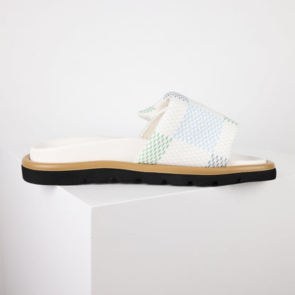 L***V White Mesh Woven Gold Bar Wide Strap Pool Pillow Comfort Slide Sandals — Spring Summer Boutique Limited Edition