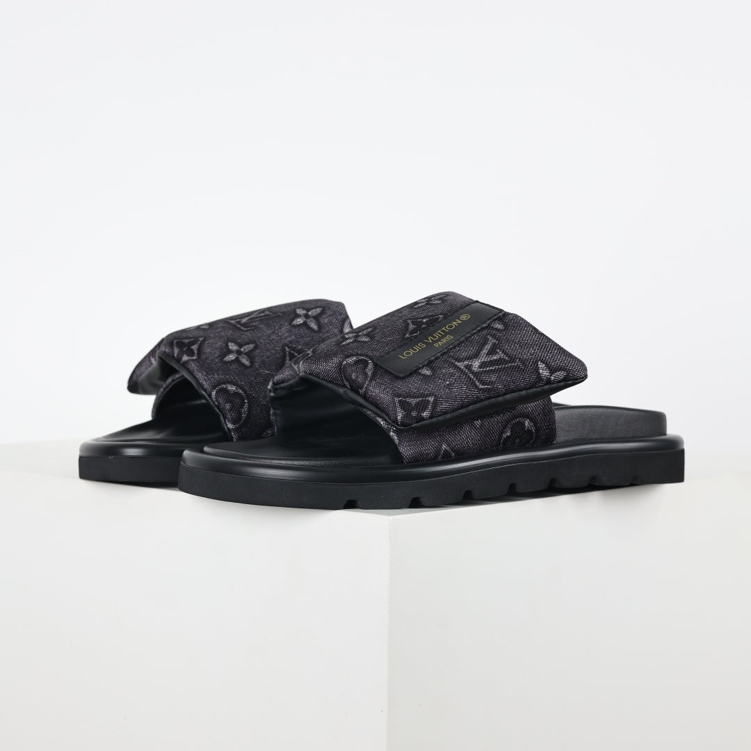 L***V All-Black Embossed Monogram Leather Wide Strap Platform Slide Sandals — Spring Summer Boutique Limited Edition