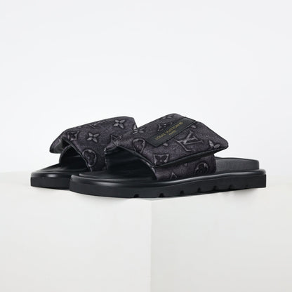 L***V All-Black Embossed Monogram Leather Wide Strap Platform Slide Sandals — Spring Summer Boutique Limited Edition