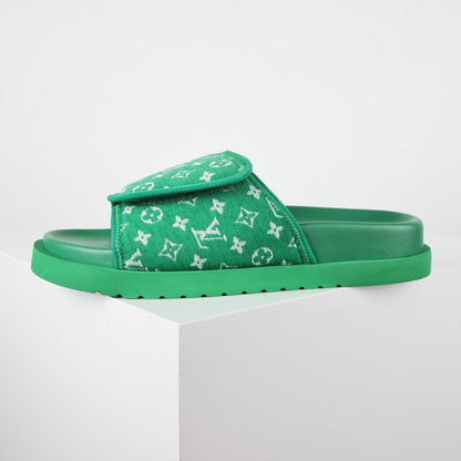 L***V Grass Green Monogram Woven Jacquard Velcro Adjustable Wide Strap Miami Slide Sandals — Spring Summer Boutique Limited Edition