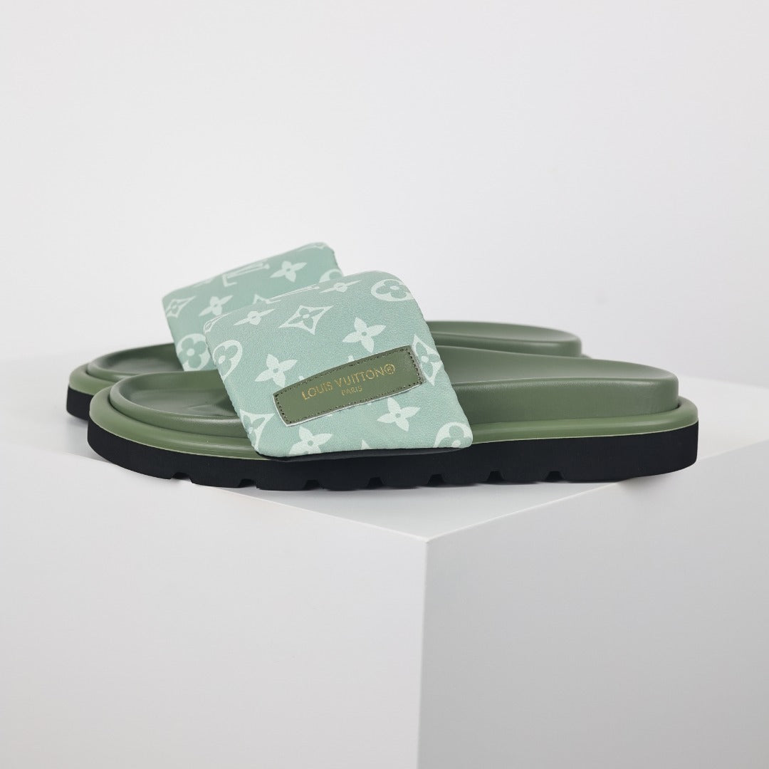 L***V Sage Green Tonal Monogram Canvas Wide Strap Platform Slide Sandals — 2024 Spring Summer Boutique Limited Edition