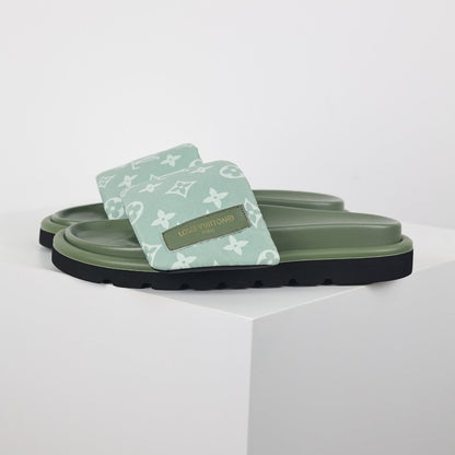 L***V Sage Green Tonal Monogram Canvas Wide Strap Platform Slide Sandals — 2024 Spring Summer Boutique Limited Edition
