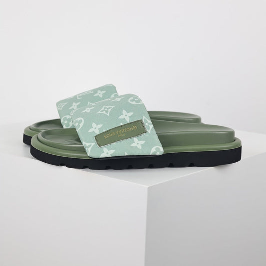 L***V Sage Green Tonal Monogram Canvas Wide Strap Platform Slide Sandals — 2024 Spring Summer Boutique Limited Edition