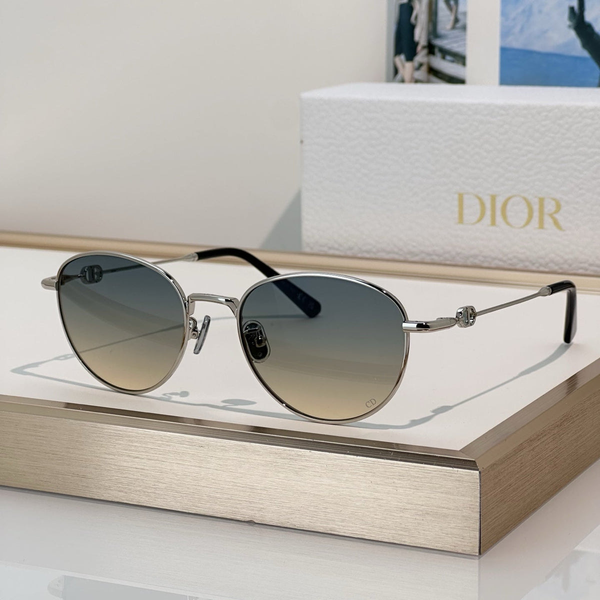D**R Round Optical Glasses with Slim Rose Gold Metal Wire Frame, Clear Blue Light Lenses & 3D CD Logo Hardware