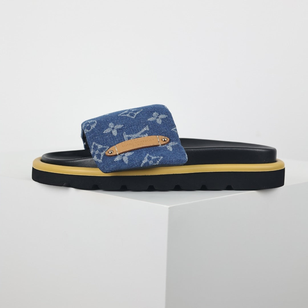 L***V Blue Denim Monogram Gold Bar Platform Slide Sandals — 2024 Spring Summer Boutique Limited Edition