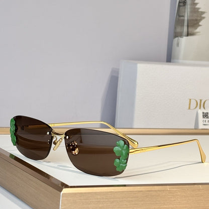 D**R Slim Rimless Oval Sunglasses with Warm Brown Solid Lenses, Silver Metal Temples & Sculptural White Flower Cluster Embellishment