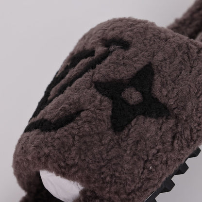L***V Dark Chocolate Brown Tonal Monogram Shearling Lambswool Double Strap Slide Sandals — Autumn Winter Boutique Limited Edition