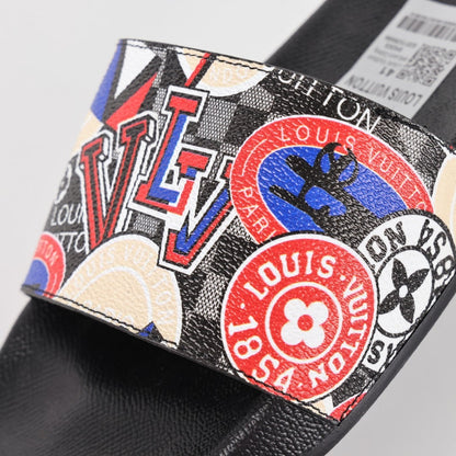 L***V White Multicolor Circular Badge Travel Sticker Print Waterfront Wide Strap Slide Sandals — Spring Summer Boutique Limited Edition