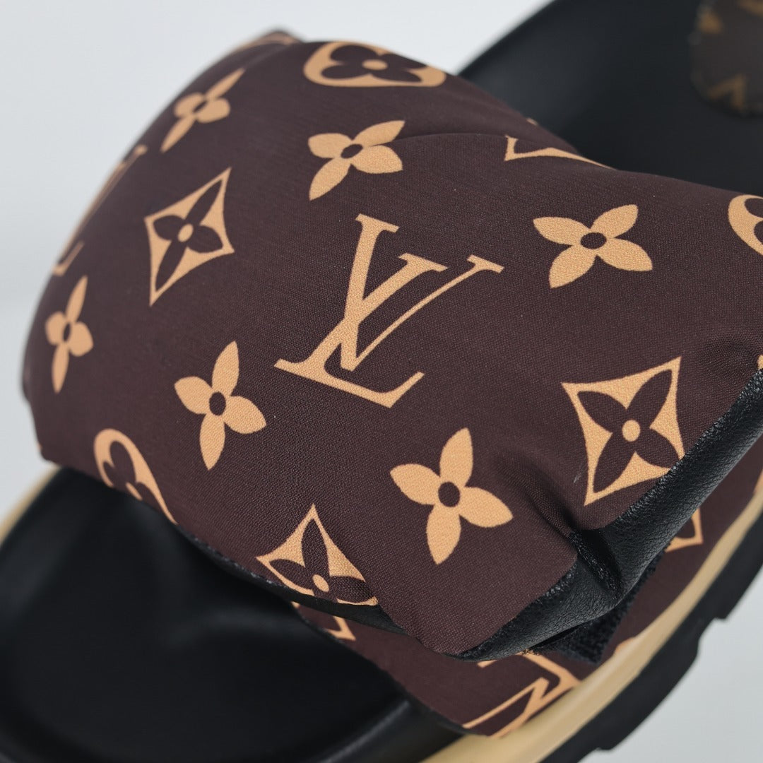 L***V Brown Monogram Canvas Puffy Quilted Wide Strap Platform Slide Sandals — 2024 Spring Summer Boutique Limited Edition