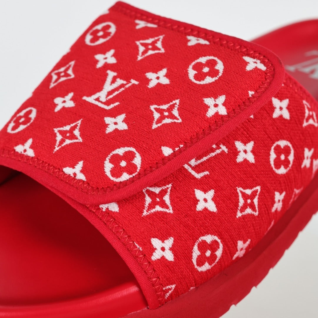 L***V Scarlet Red Monogram Jacquard Twisted Bow Ruched Strap Miami Slide Sandals — Spring Summer Boutique Limited Edition