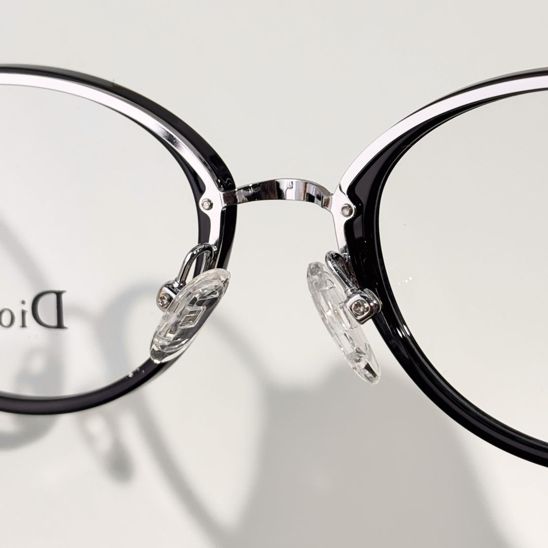 D**R Round Optical Glasses | Black Acetate Top & Silver Metal Bottom Combination Frame, Dior Script Lens Print, Rivet Detail