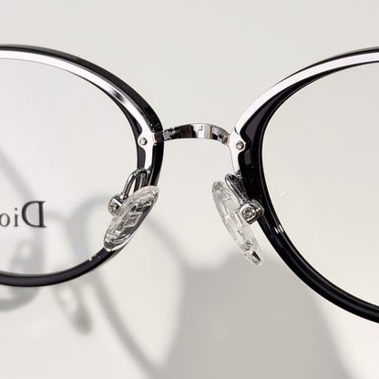 D**R Round Optical Glasses | Black Acetate Top & Silver Metal Bottom Combination Frame, Dior Script Lens Print, Rivet Detail