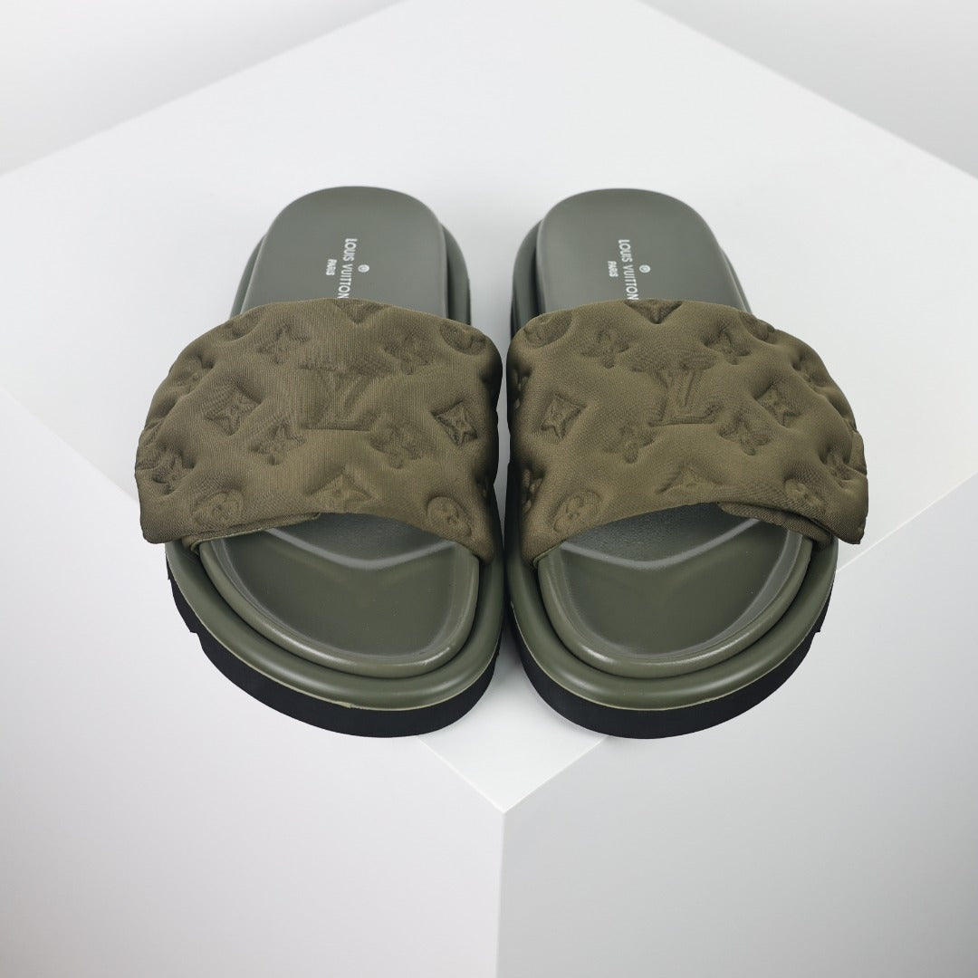 L***V Olive Green Tonal Monogram Puffy Quilted Wide Strap Flat Slide Sandals — 2024 Spring Summer Boutique Limited Edition