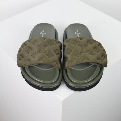 L***V Olive Green Tonal Monogram Puffy Quilted Wide Strap Flat Slide Sandals — 2024 Spring Summer Boutique Limited Edition