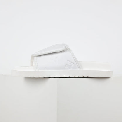 L***V Ivory White Inflated Pillow Leather Twisted Bow Ruched Strap Miami Slide Sandals — Spring Summer Boutique Limited Edition