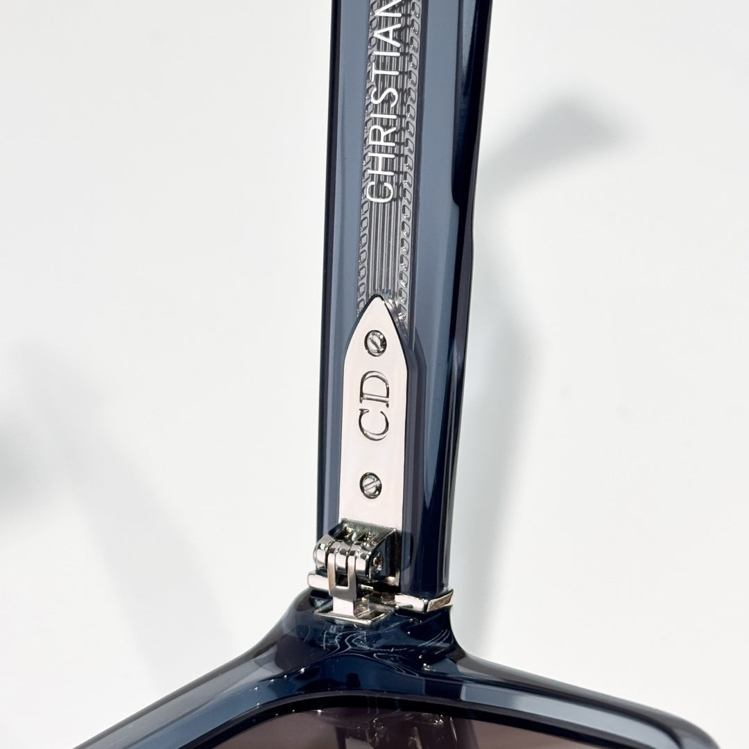 D**R Oversized Square Acetate Sunglasses | Transparent Smoke-Blue Frame, CD Rivet, Christian Dior Temple, Light Gradient Lenses
