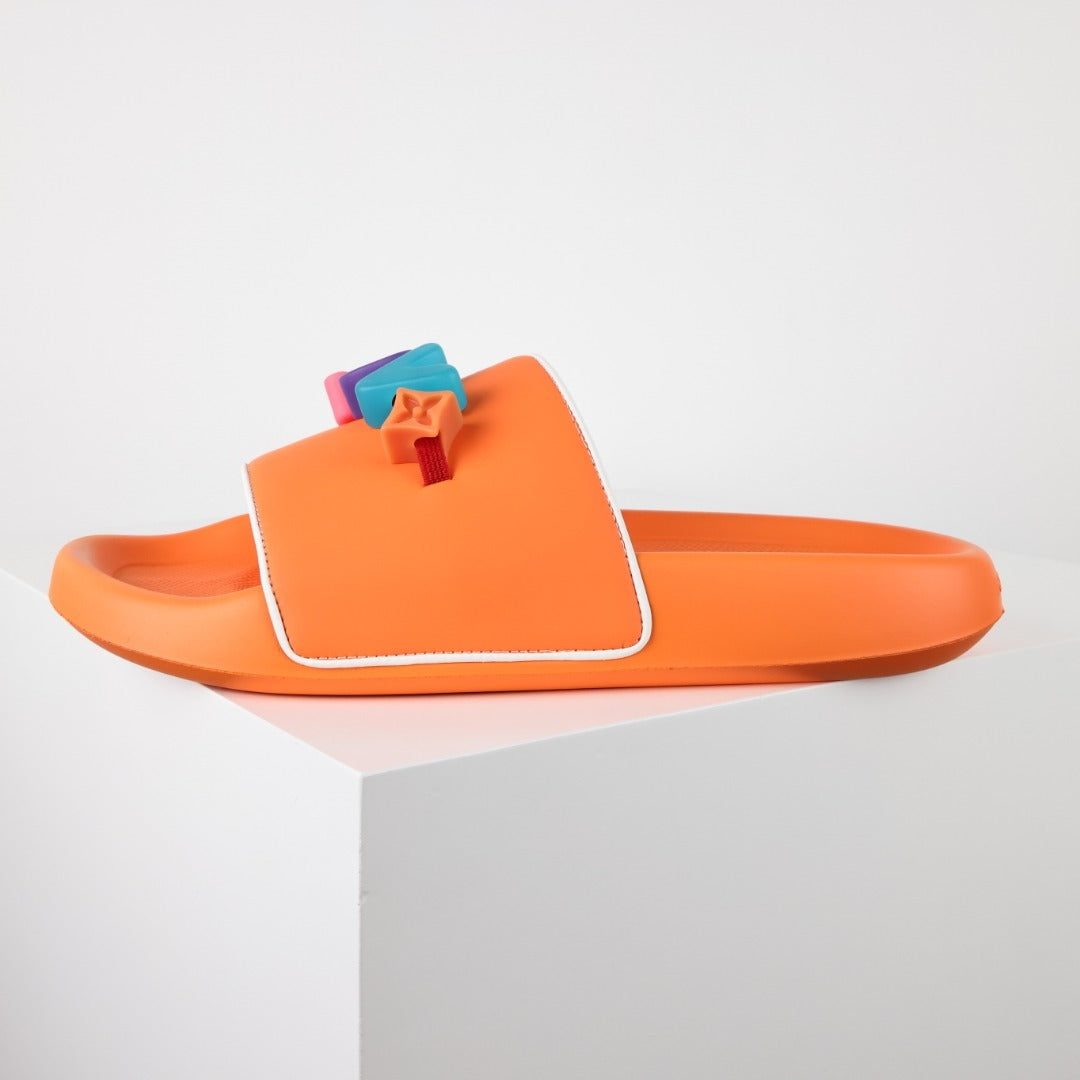 L***V Orange 3D Multicolor Pop Logo Wide Strap Slide Sandals — Spring Summer Boutique Limited Edition
