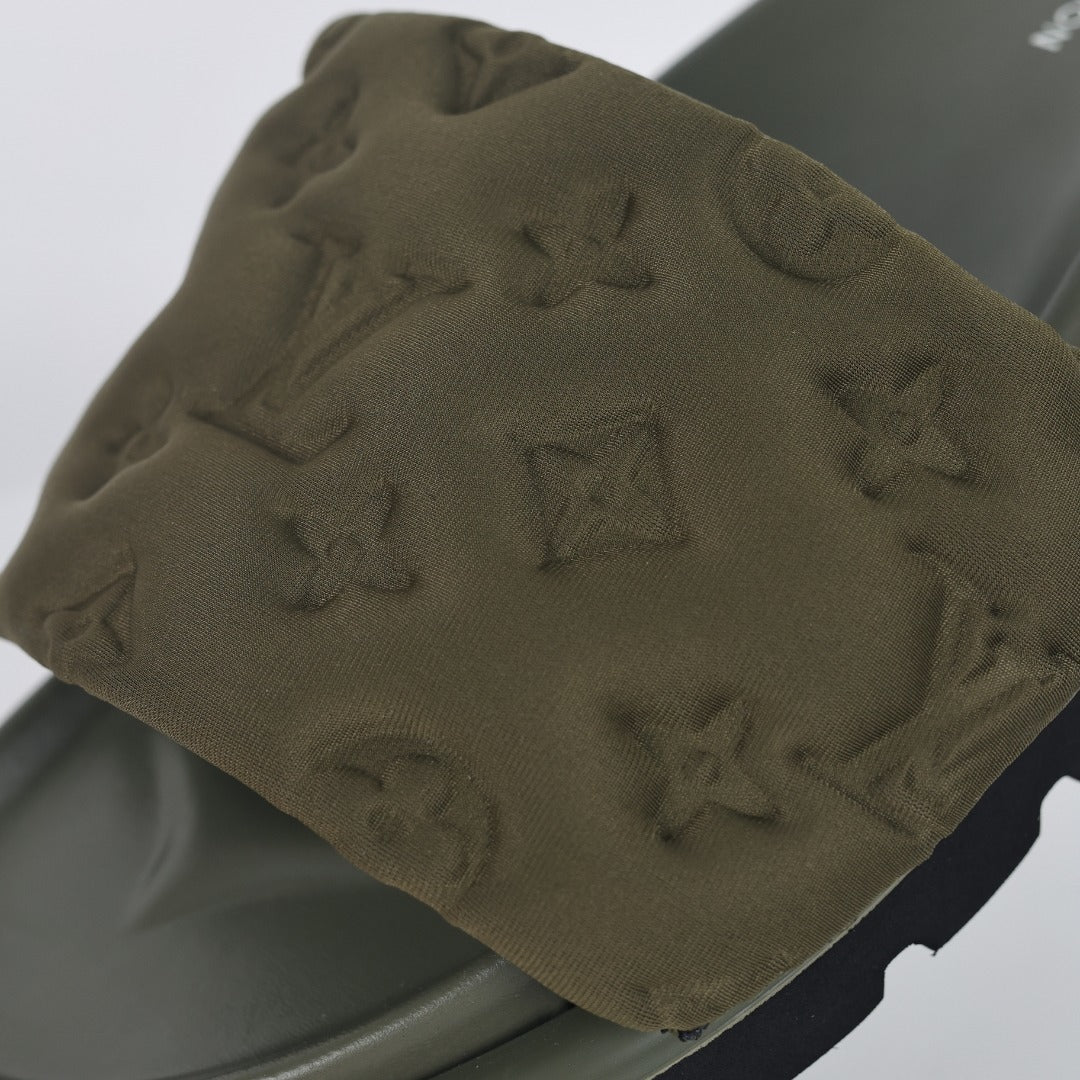 L***V Olive Green Tonal Monogram Puffy Quilted Wide Strap Flat Slide Sandals — 2024 Spring Summer Boutique Limited Edition