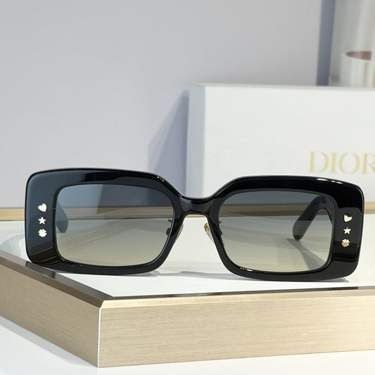 D**R Slim Rectangular Sunglasses | Black Acetate Frame, Warm Grey Gradient Lenses & Gold Logo Temple